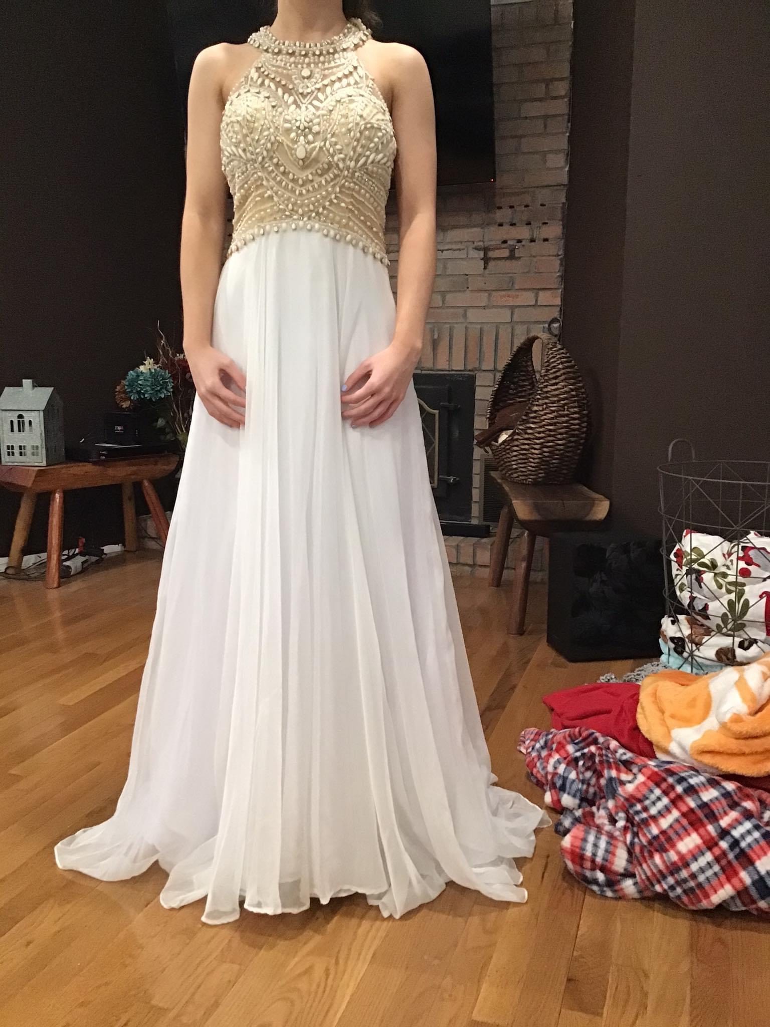 Size 2 Prom Halter Sequined White Ball Gown on Queenly
