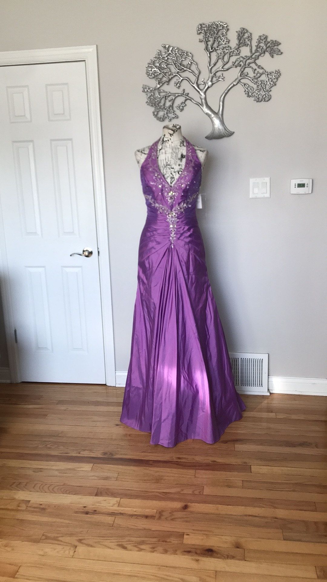 Size 8 Prom Halter Sequined Purple Ball Gown on Queenly