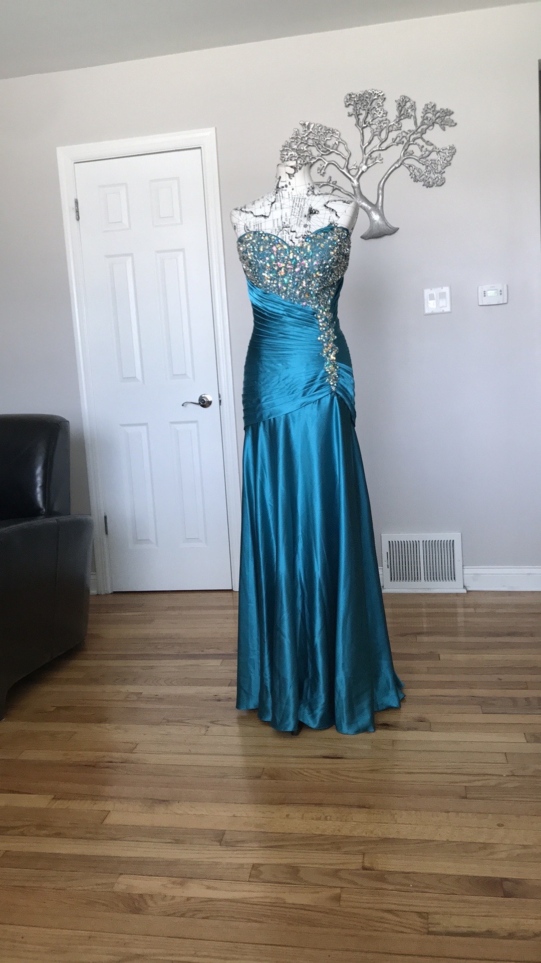 Fire & Ice Size 14 Strapless Satin Turquoise Blue Mermaid Dress on Queenly