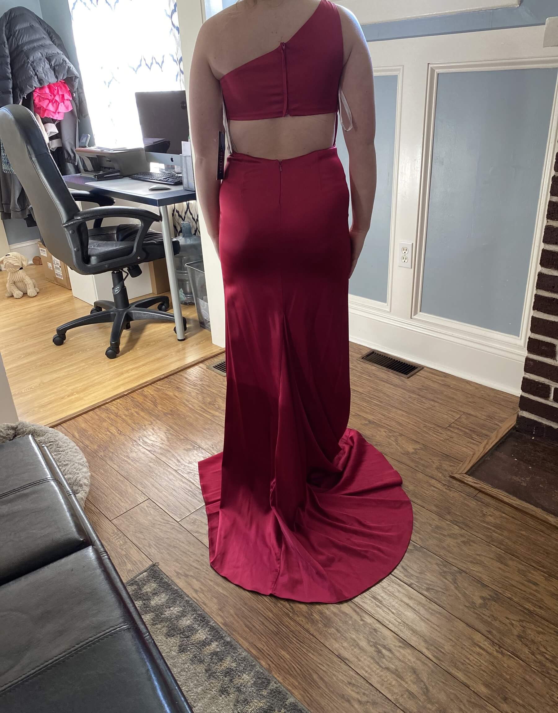 Sherri Hill Size 6 Prom One Shoulder Satin Burgundy Red Side Slit Dress on Queenly