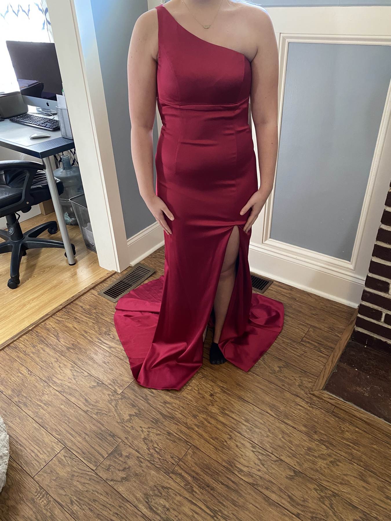 Sherri Hill Size 6 Prom One Shoulder Satin Burgundy Red Side Slit Dress on Queenly