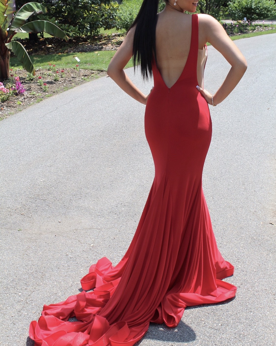 Jovani Size 4 Prom Sheer Red Dress With Train on Queenly