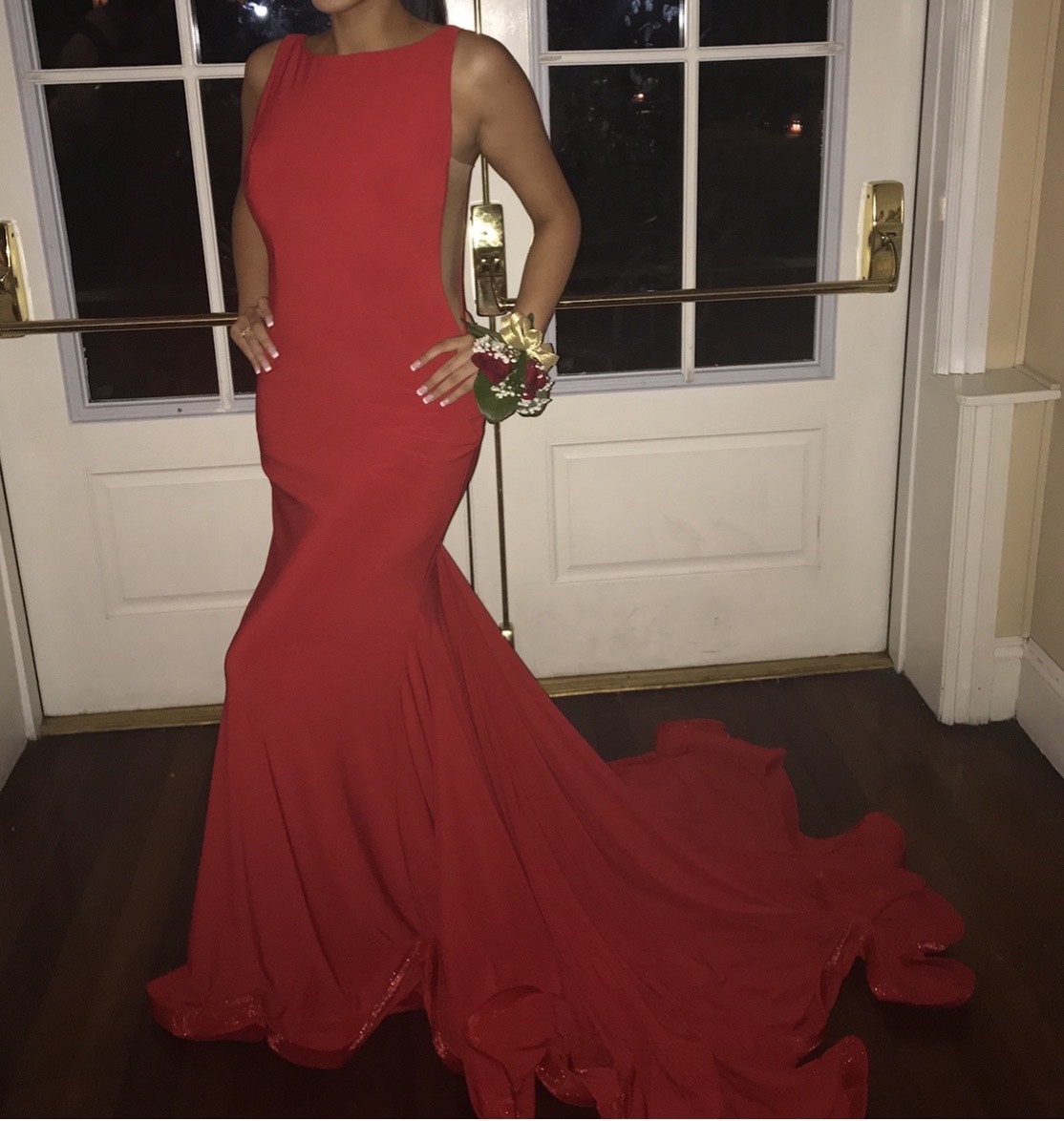 Jovani Size 4 Prom Sheer Red Dress With Train on Queenly