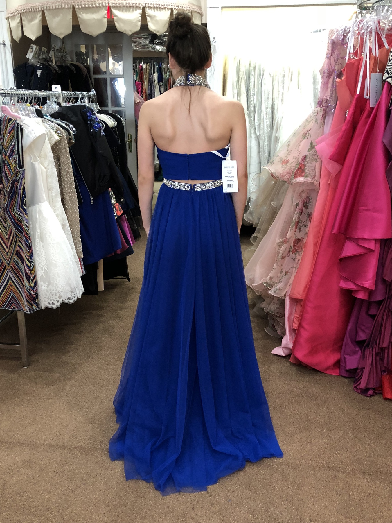 Size 0 Halter Sheer Royal Blue Ball Gown on Queenly