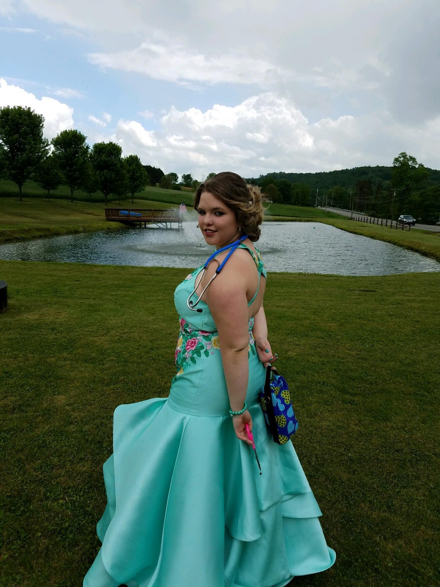 Plus Size 16 Prom Halter Floral Blue Mermaid Dress on Queenly