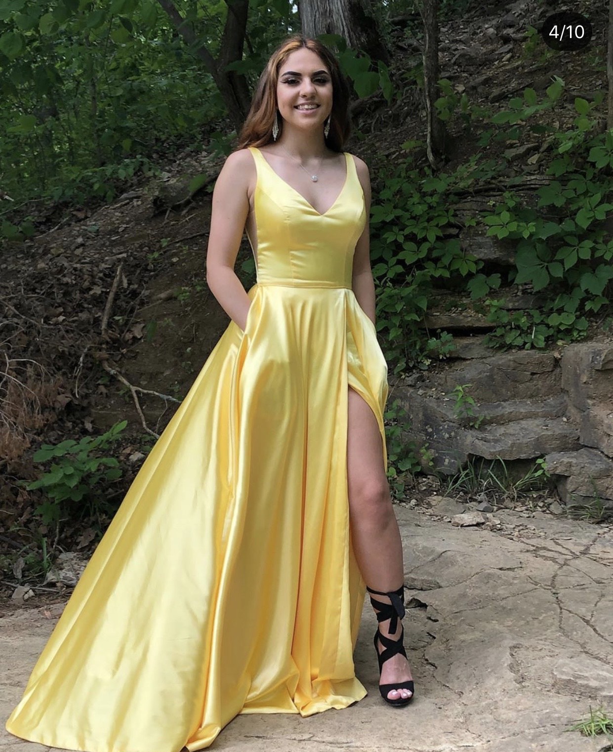 Size 4 Prom Plunge Satin Yellow Side Slit Dress on Queenly