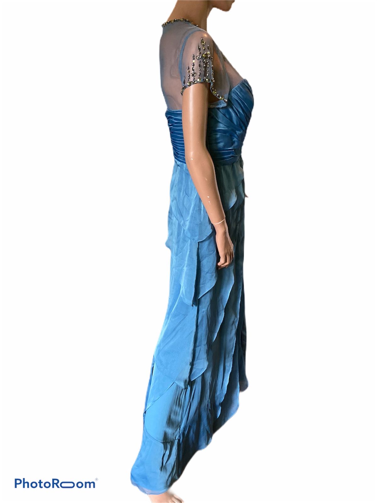 Adrianna Papell Size 6 Prom Cap Sleeve Sequined Blue Floor Length Maxi on Queenly