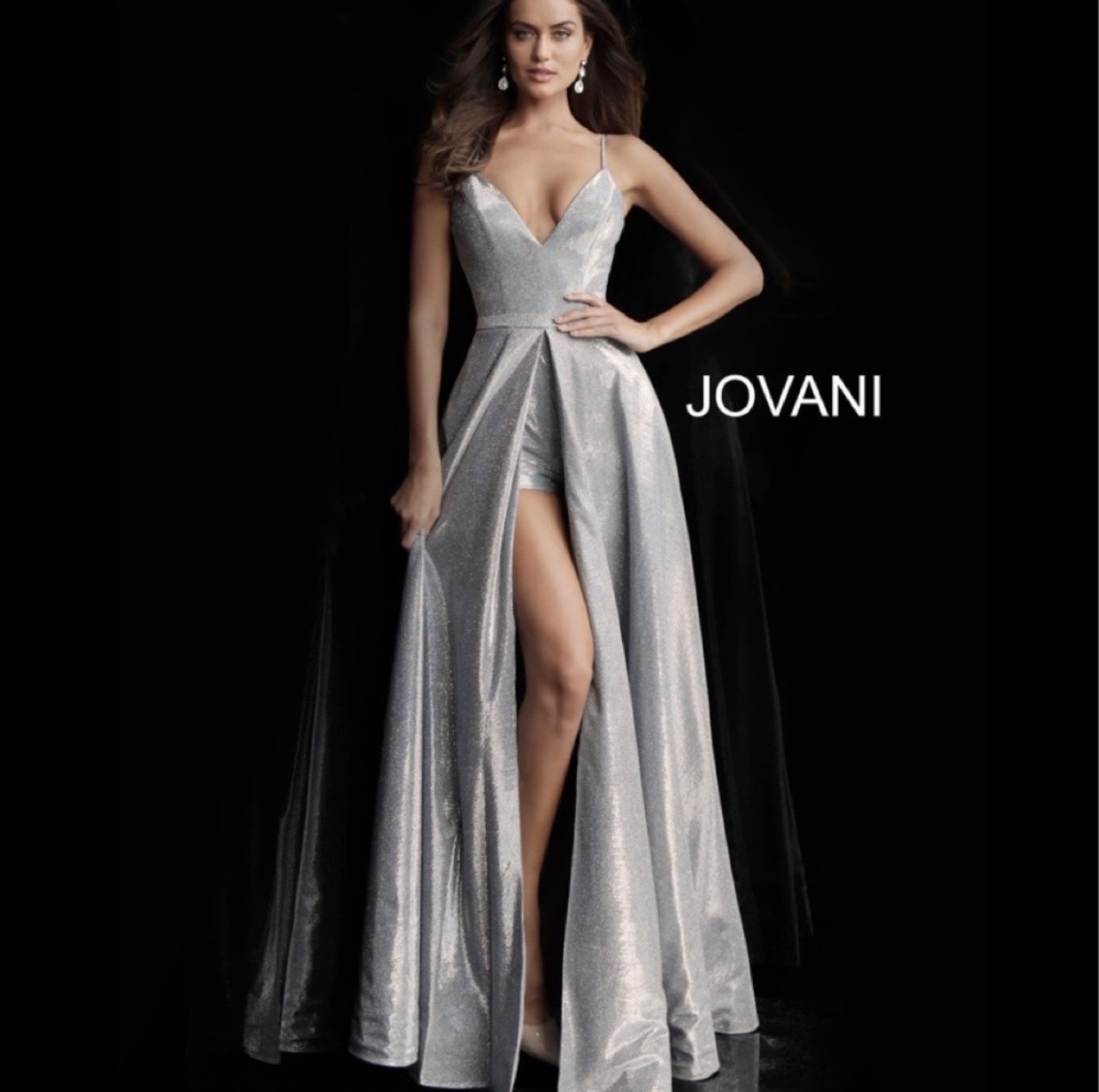 Jovani Silver Size 2 Shiny Side Slit Prom A-line Dress on Queenly