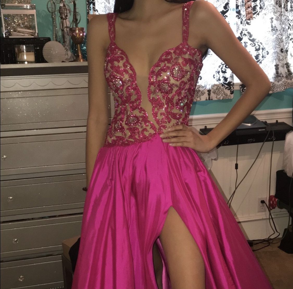 Sherri Hill Size 2 Prom Plunge Satin Hot Pink Side Slit Dress on Queenly