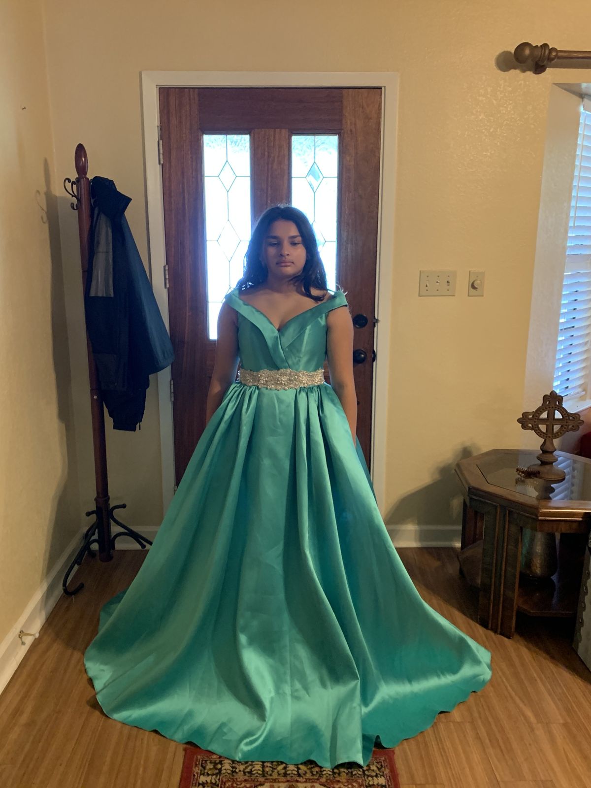 Size 10 Prom Off The Shoulder Satin Green Ball Gown on Queenly