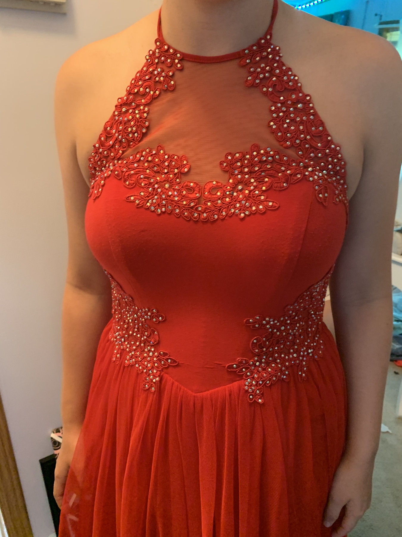 Size 4 Pageant Halter Red A-line Dress on Queenly