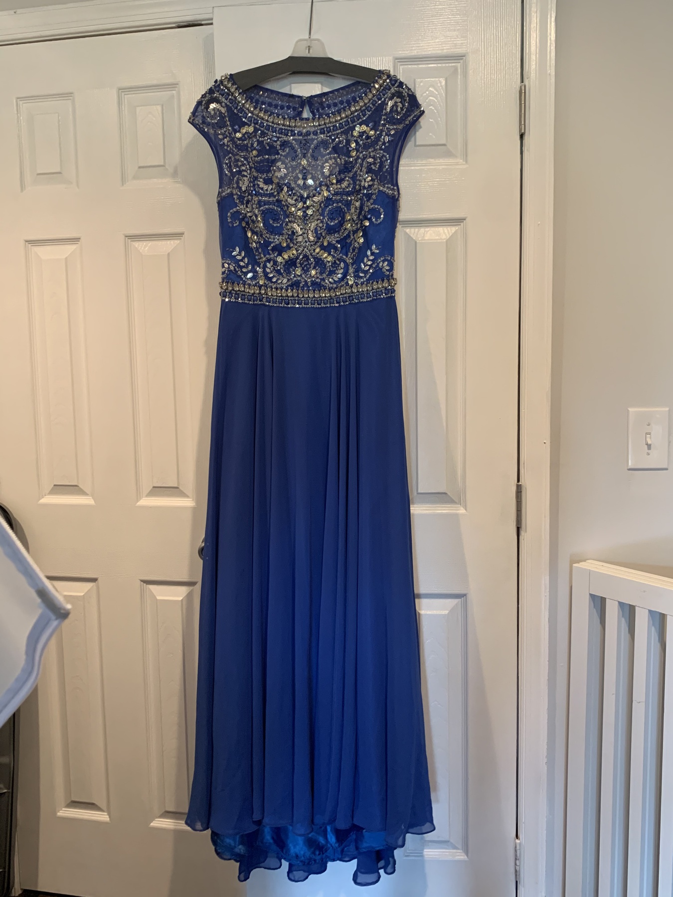 Size 10 Cap Sleeve Sequined Royal Blue Ball Gown on Queenly