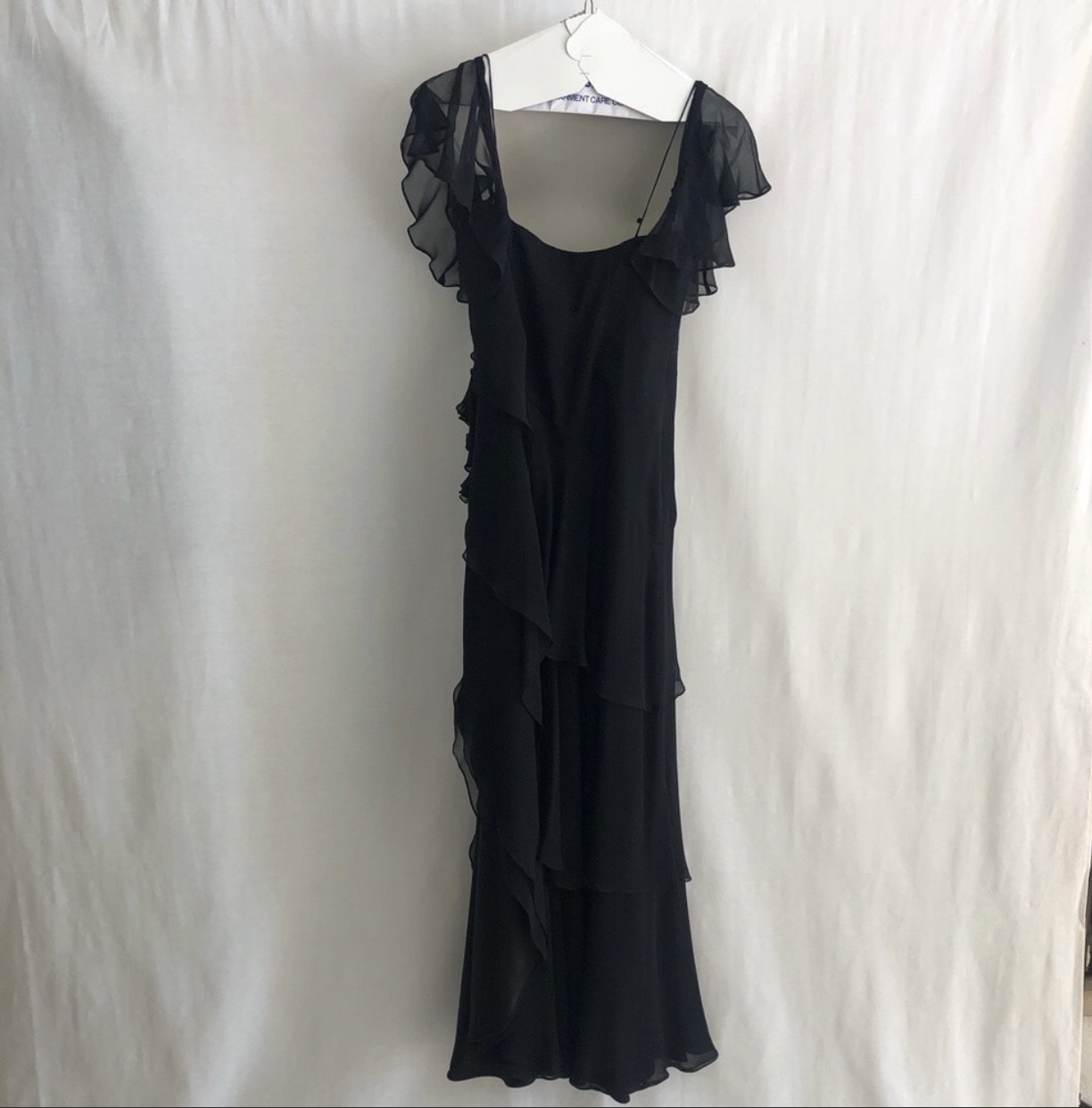 Shawn Ray Fons Silk Evening Dress Size 8 Cap Sleeve Satin Black Floor Length Maxi on Queenly