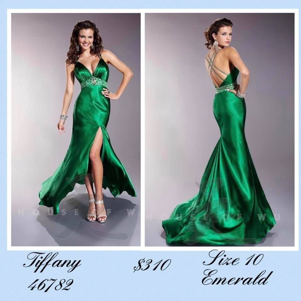 Tiffany Designs Size 10 Prom Plunge Satin Emerald Green Side Slit Dress on Queenly
