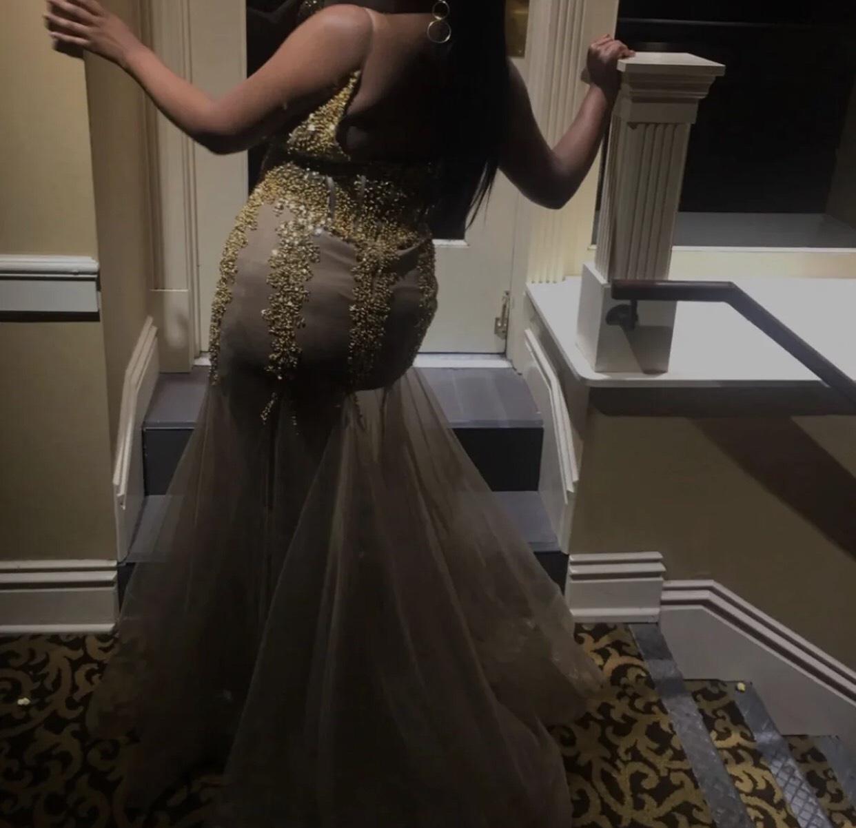 Plus Size 16 Prom Sheer Gold Mermaid Dress on Queenly