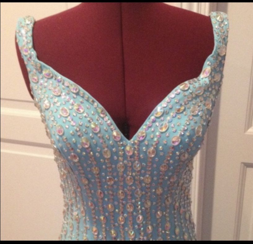 Size 6 Pageant Off The Shoulder Sequined Blue Floor Length Maxi on Queenly