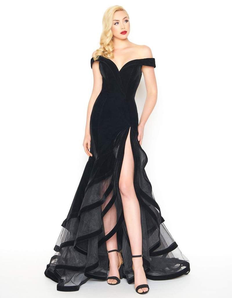 Mac Duggal Size 4 Pageant Off The Shoulder Velvet Black Side Slit Dress on Queenly