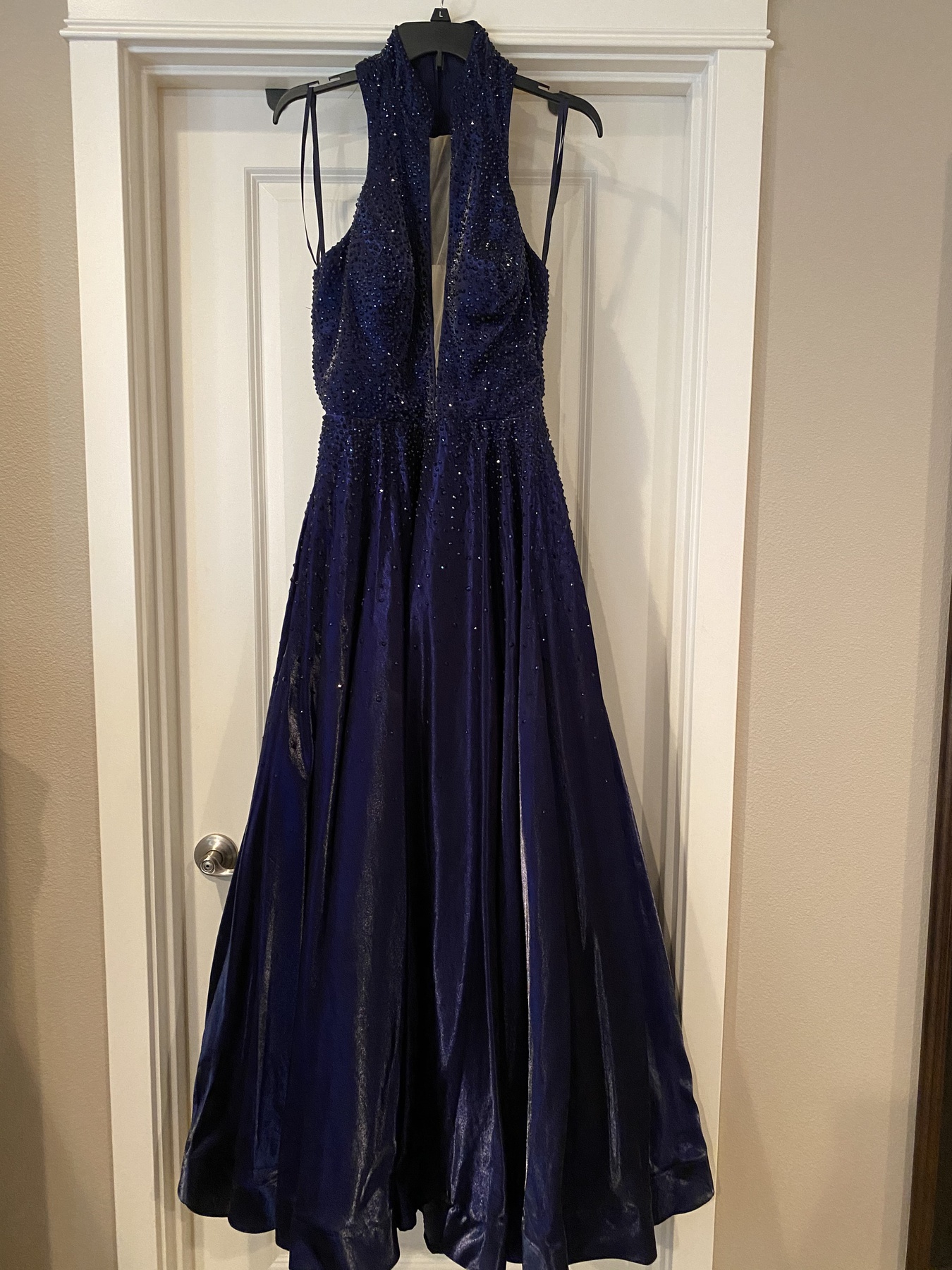 Size 14 Pageant Halter Navy Blue Ball Gown on Queenly