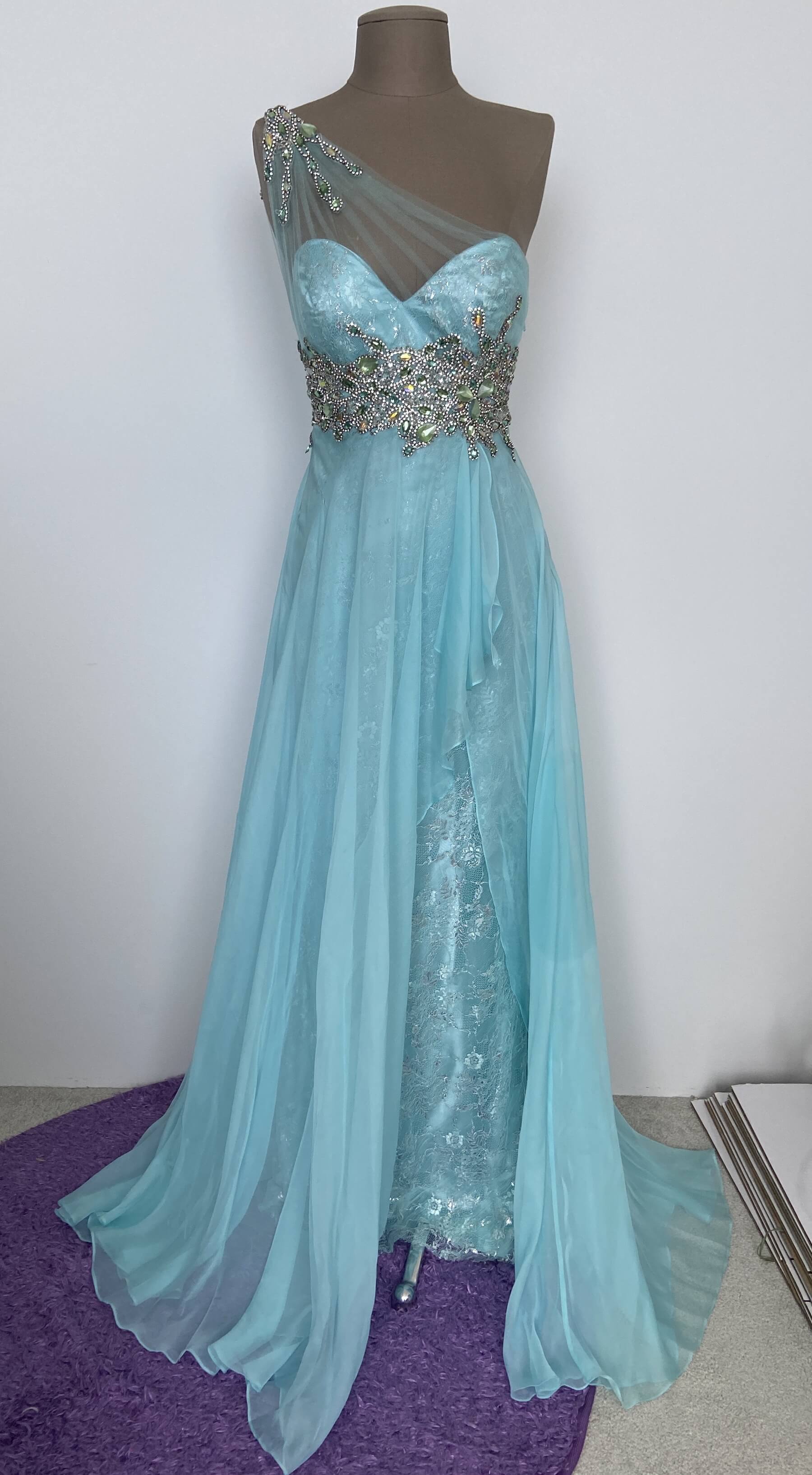 Size 2 Prom One Shoulder Lace Light Blue Floor Length Maxi on Queenly
