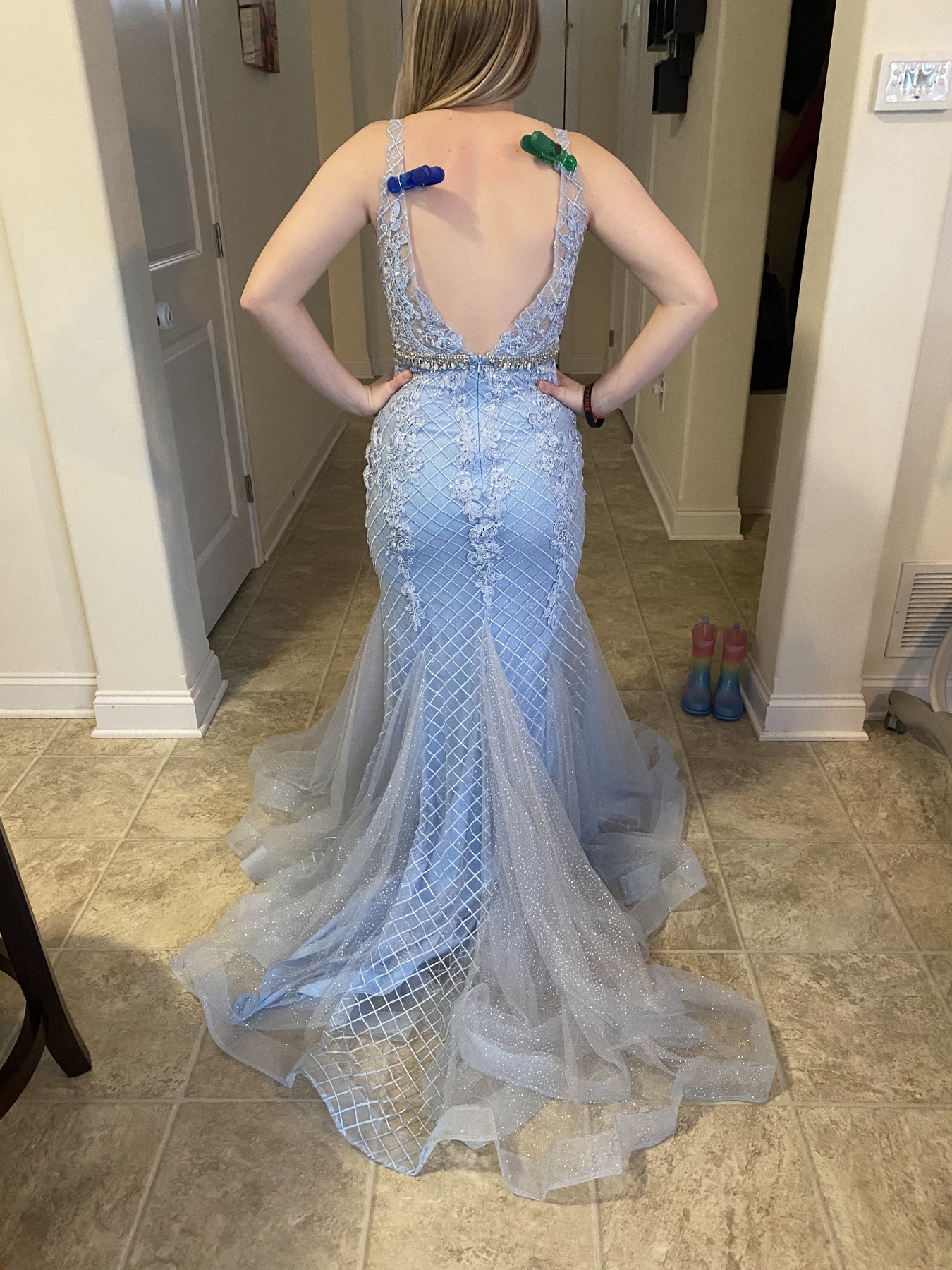 Size 6 Prom Lace Light Blue Dress With Train on Queenly