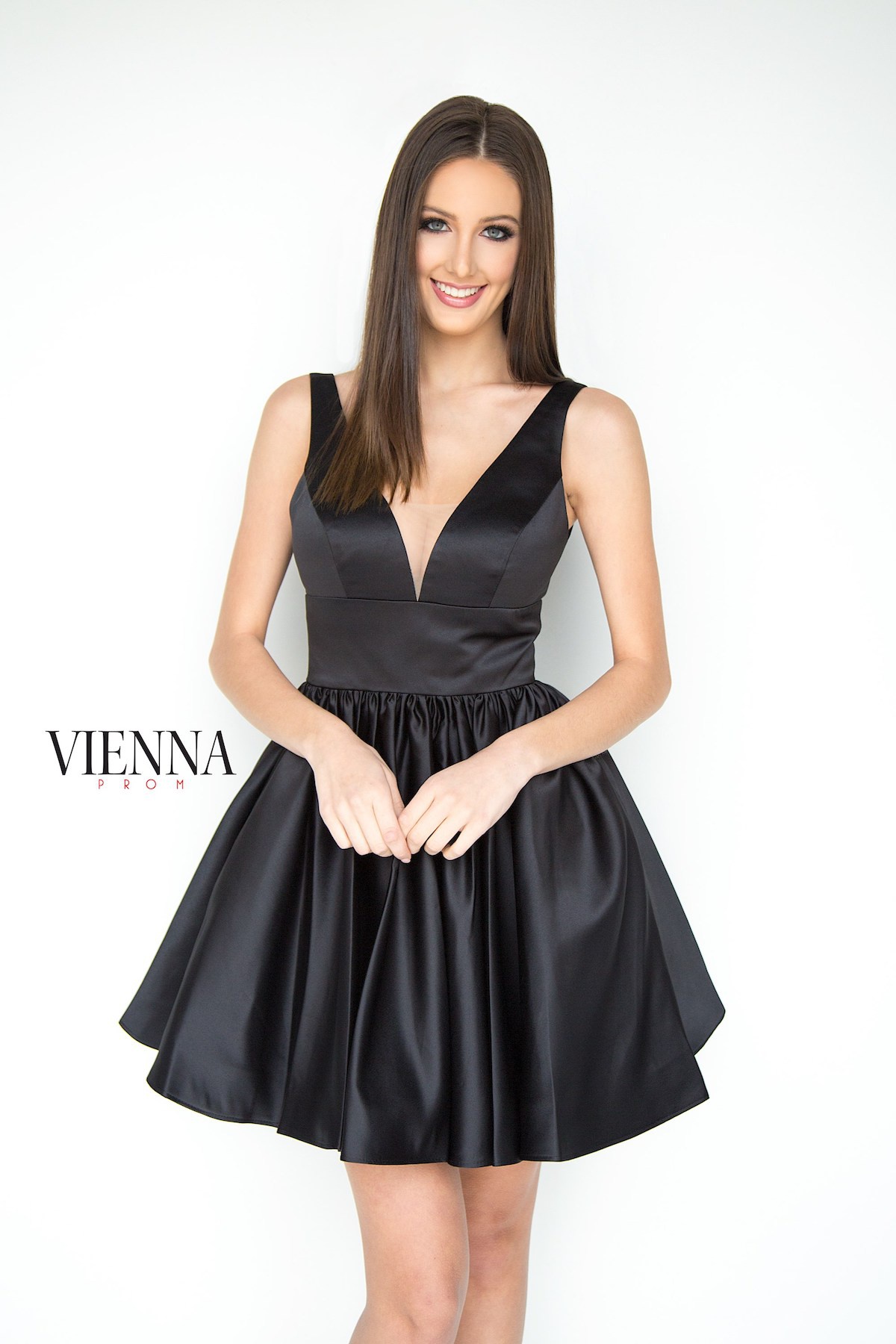Style 6023 Vienna Size 14 Homecoming Plunge Satin Black Cocktail Dress on Queenly