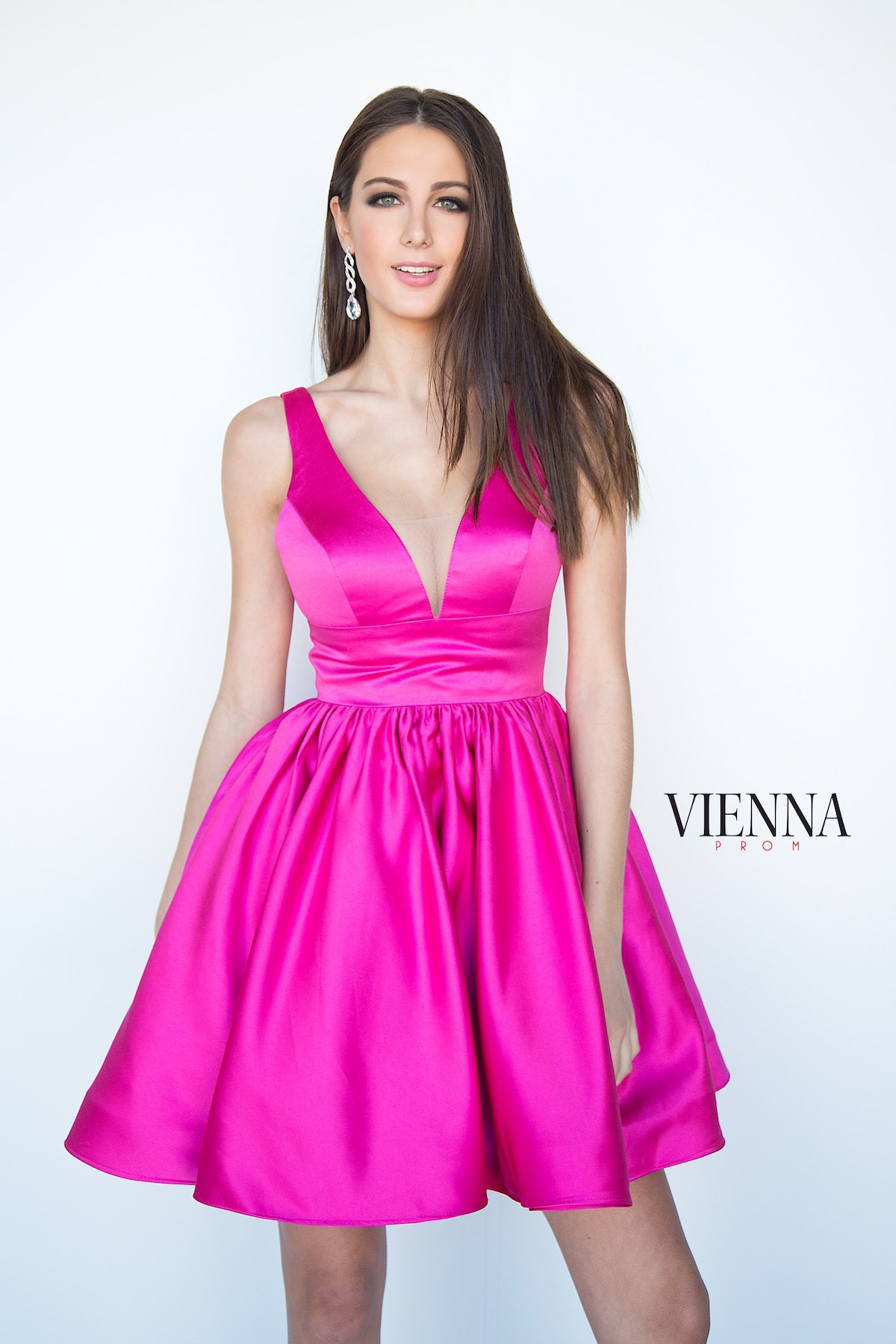 Style 6023 Vienna Size 6 Homecoming Plunge Satin Hot Pink Cocktail Dress on Queenly