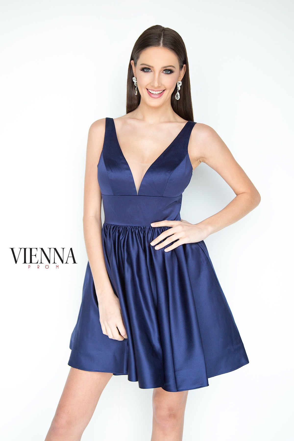 Style 6023 Vienna Size 2 Homecoming Plunge Satin Navy Blue Cocktail Dress on Queenly