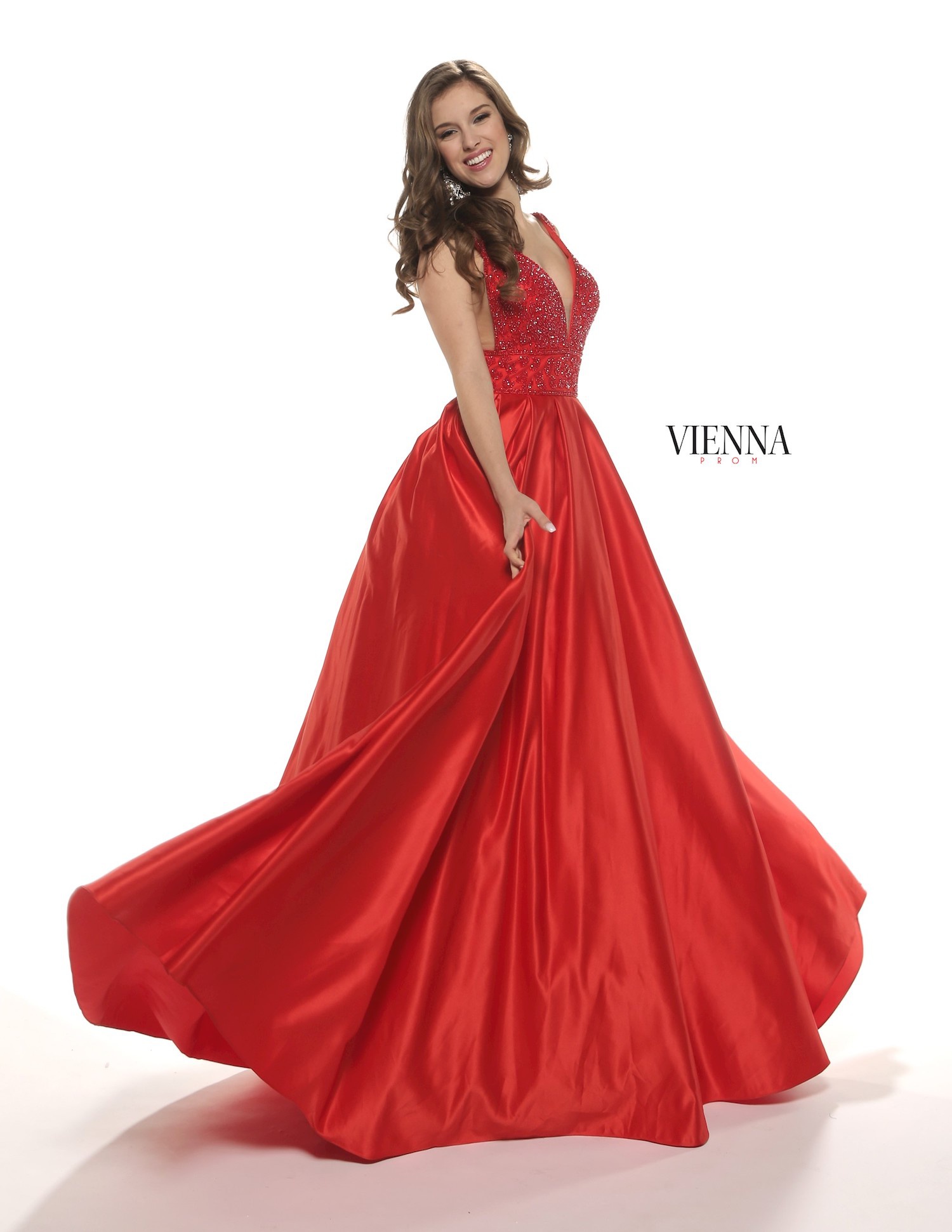 Style 7802 Vienna Size 4 Prom Plunge Satin Red Ball Gown on Queenly