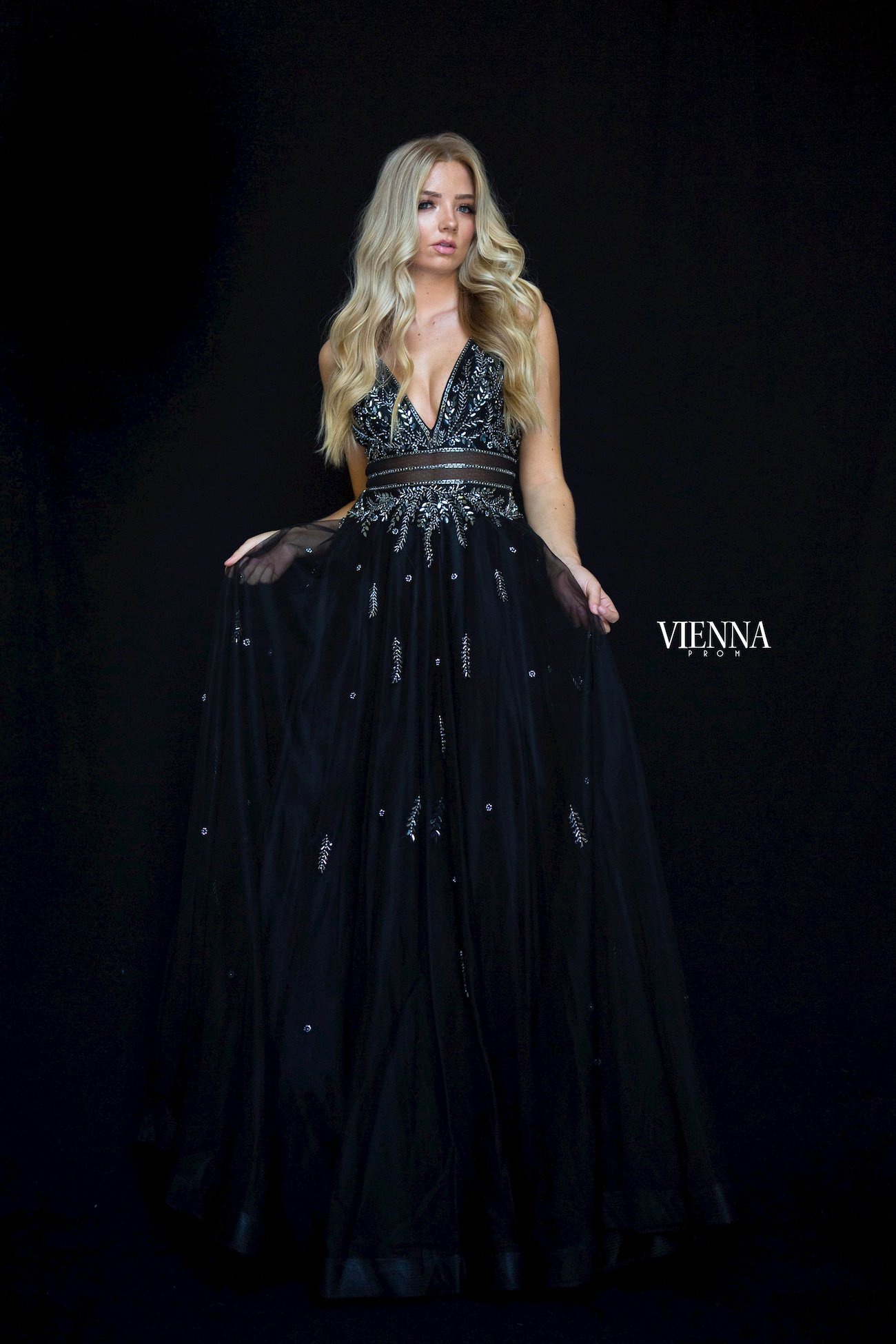 Style 7834 Vienna Size 12 Prom Plunge Sequined Black Side Slit Dress on Queenly