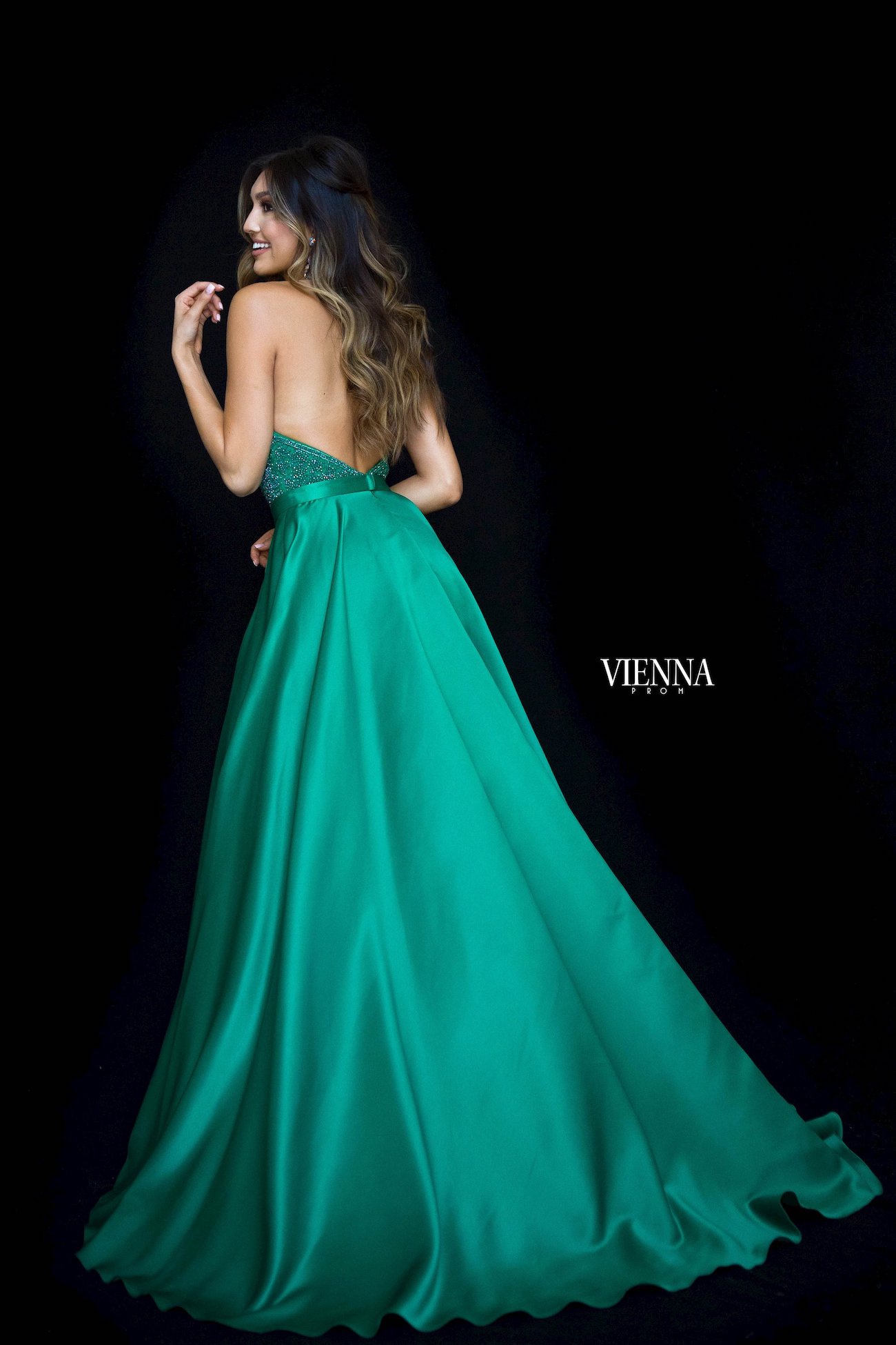 Style 8308 Vienna Green Size 00 Halter Backless Tall Height Side slit Dress on Queenly