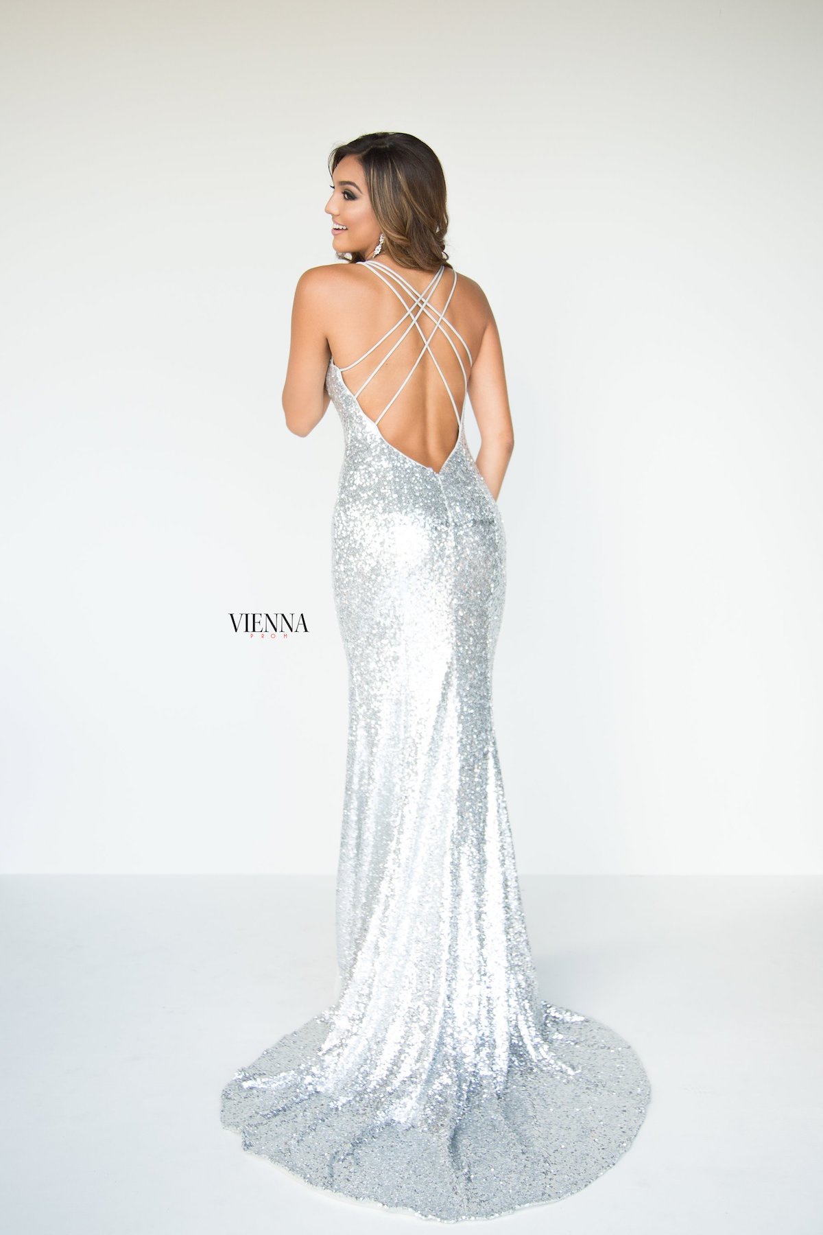 Style 8808 Vienna Silver Size 16 Pageant Backless Tall Height Side slit Dress on Queenly