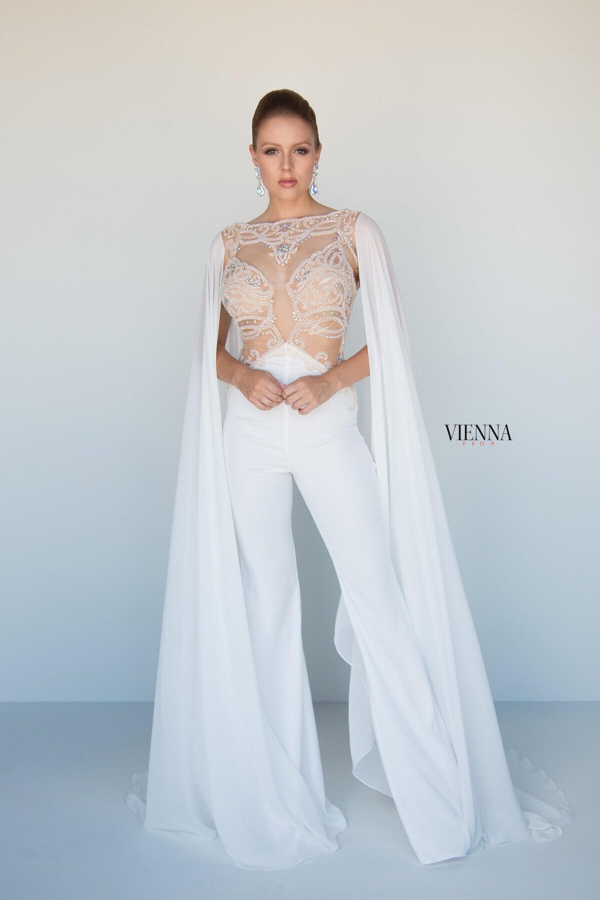 Style 9964 Vienna Size 6 Prom Plunge Sequined White Romper/jumpsuit Dress on Queenly