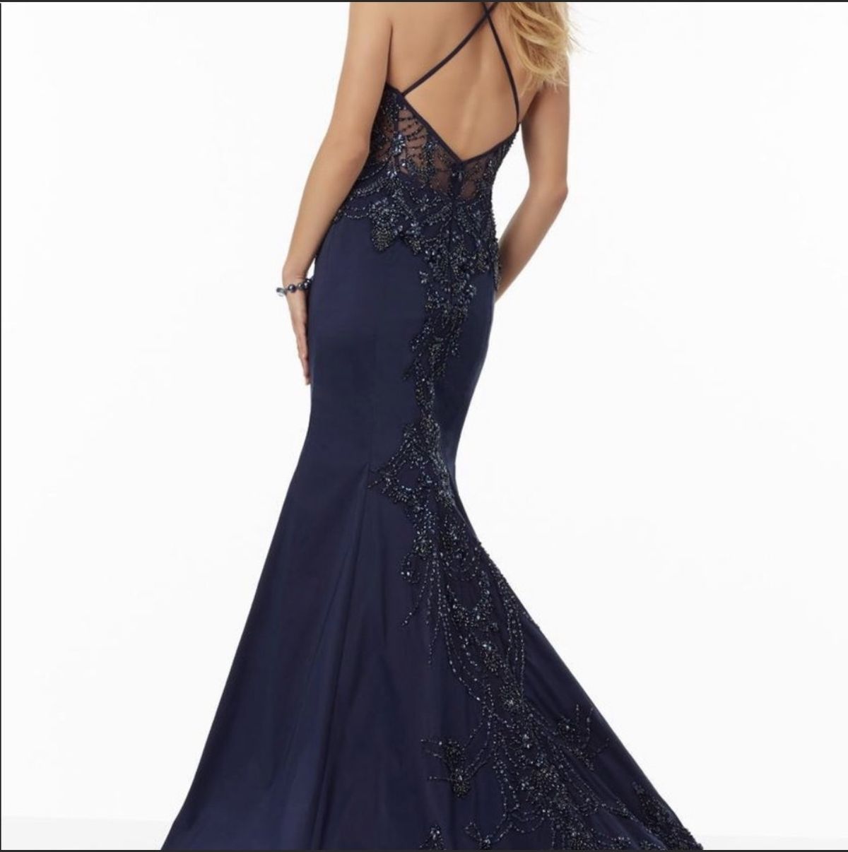 Size 6 Prom Halter Sheer Navy Blue Mermaid Dress on Queenly