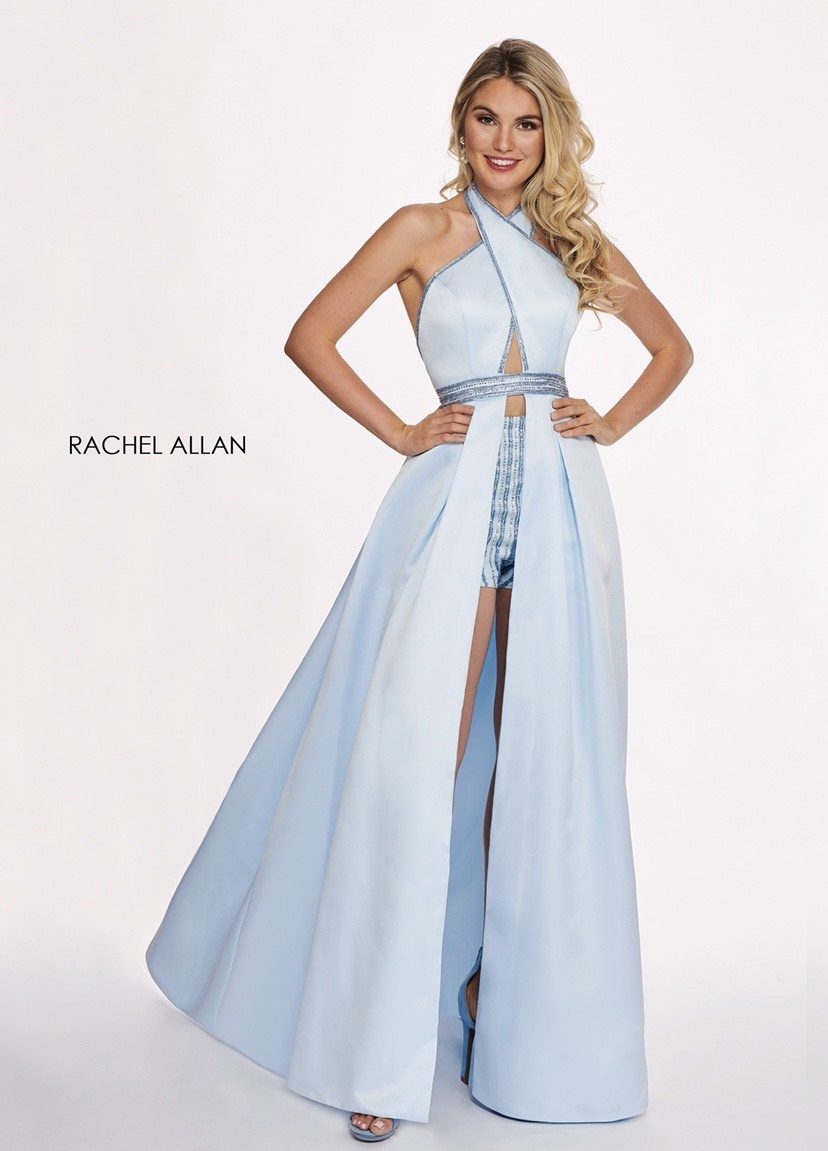 Rachel Allan Size 8 Fun Fashion Halter Light Blue Dress With Train on Queenly