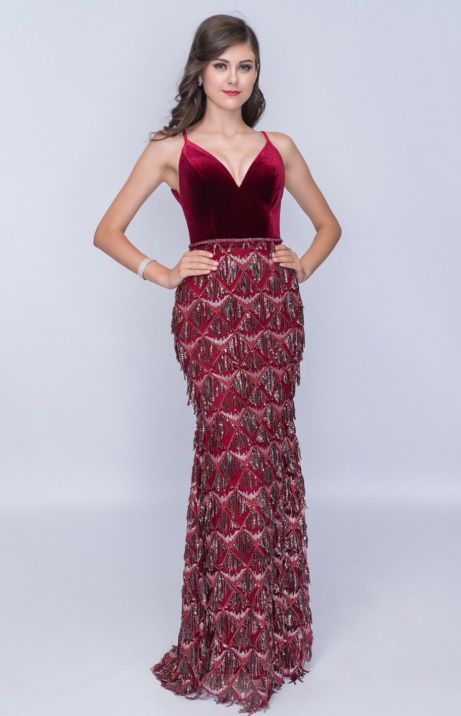Style 2198 Nina Canacci Size 2 Prom Plunge Velvet Burgundy Red Floor Length Maxi on Queenly