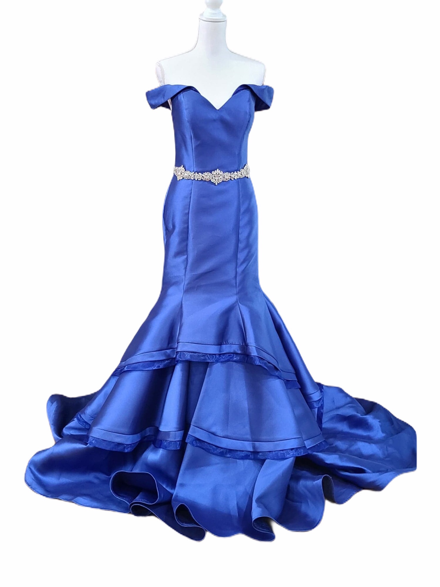 Jovani Size 8 Prom Off The Shoulder Satin Blue A-line Dress on Queenly
