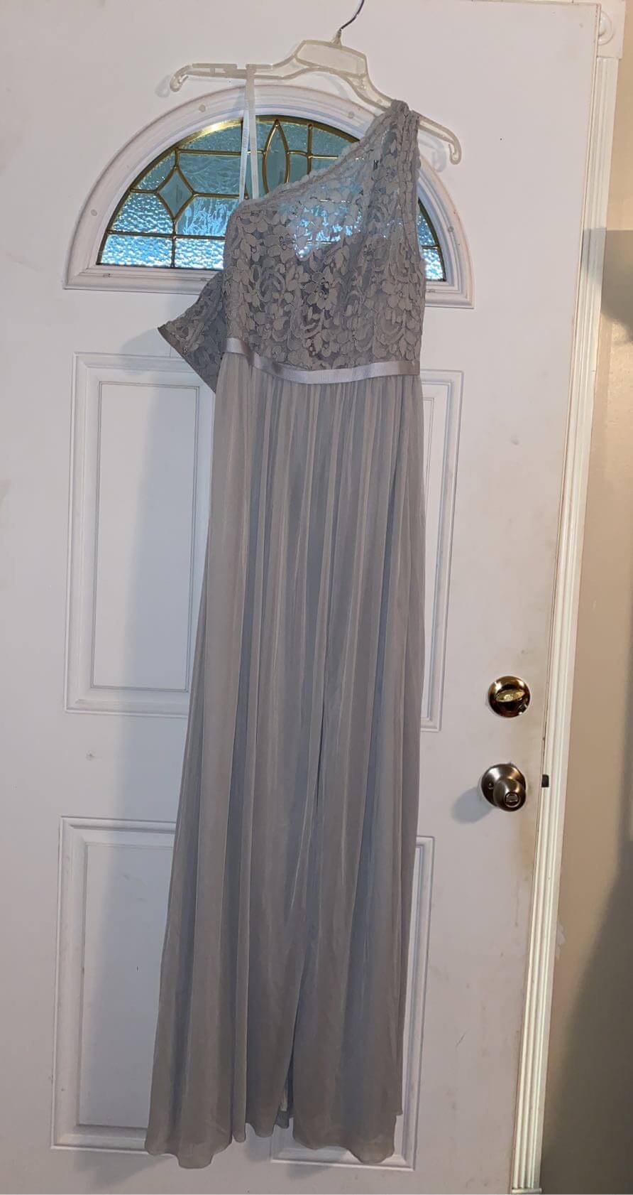 Size 0 Bridesmaid One Shoulder Lace Silver Floor Length Maxi on Queenly