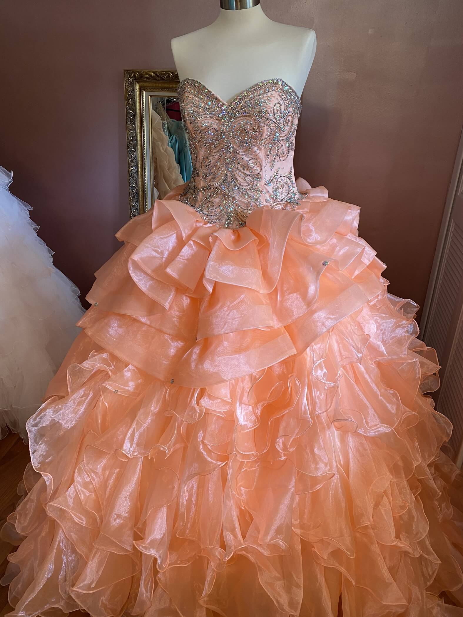 Size 8 Strapless Sequined Orange Ball Gown on Queenly