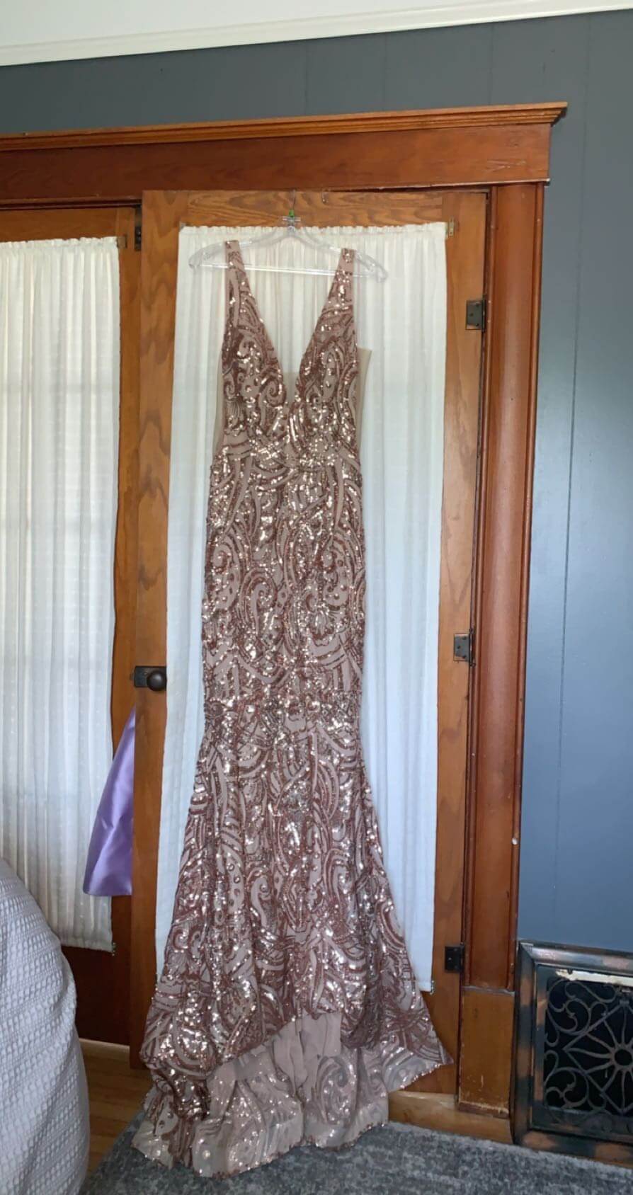 Size 10 Prom Plunge Sheer Gold Mermaid Dress on Queenly