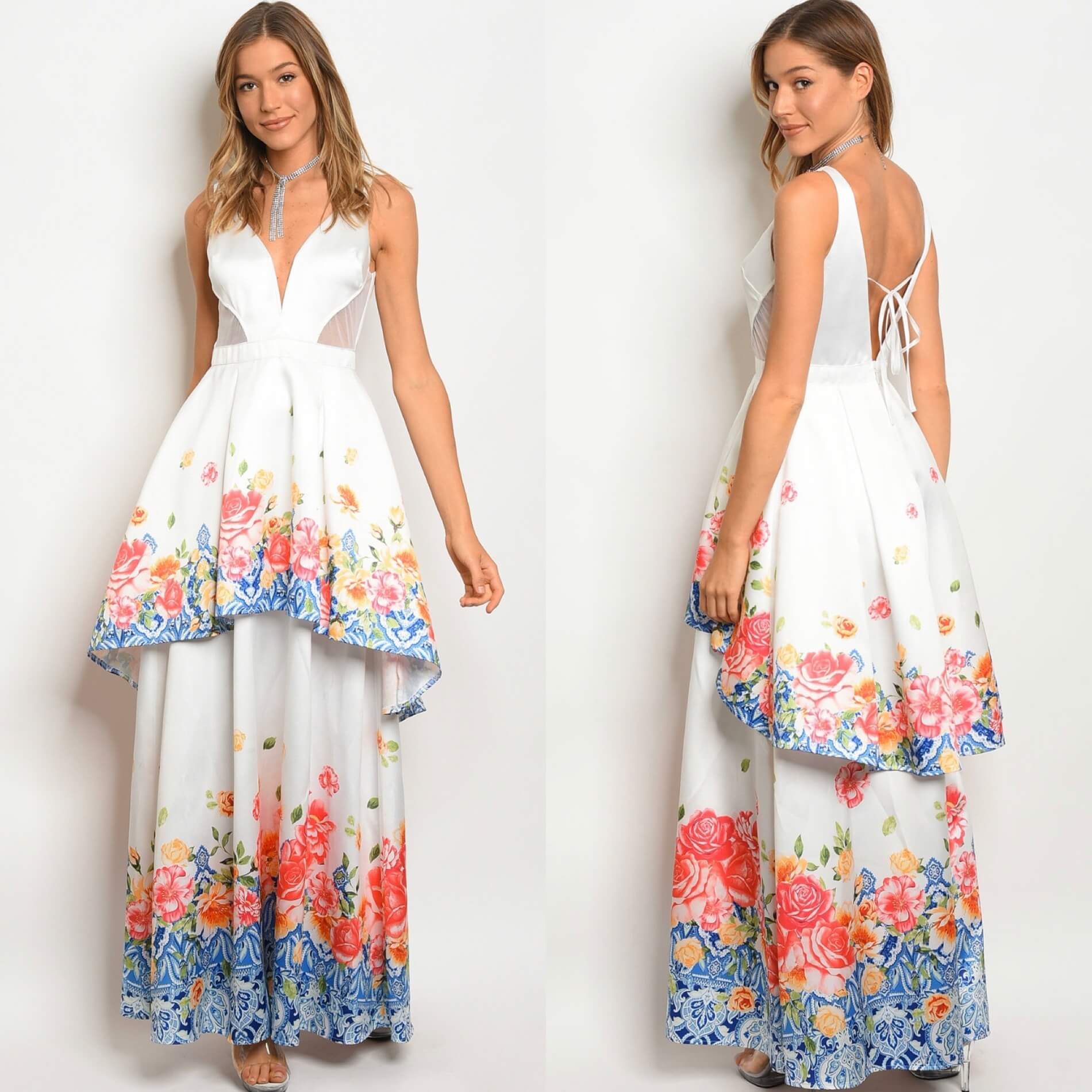 Plus Size -4 Prom Floral White Floor Length Maxi on Queenly
