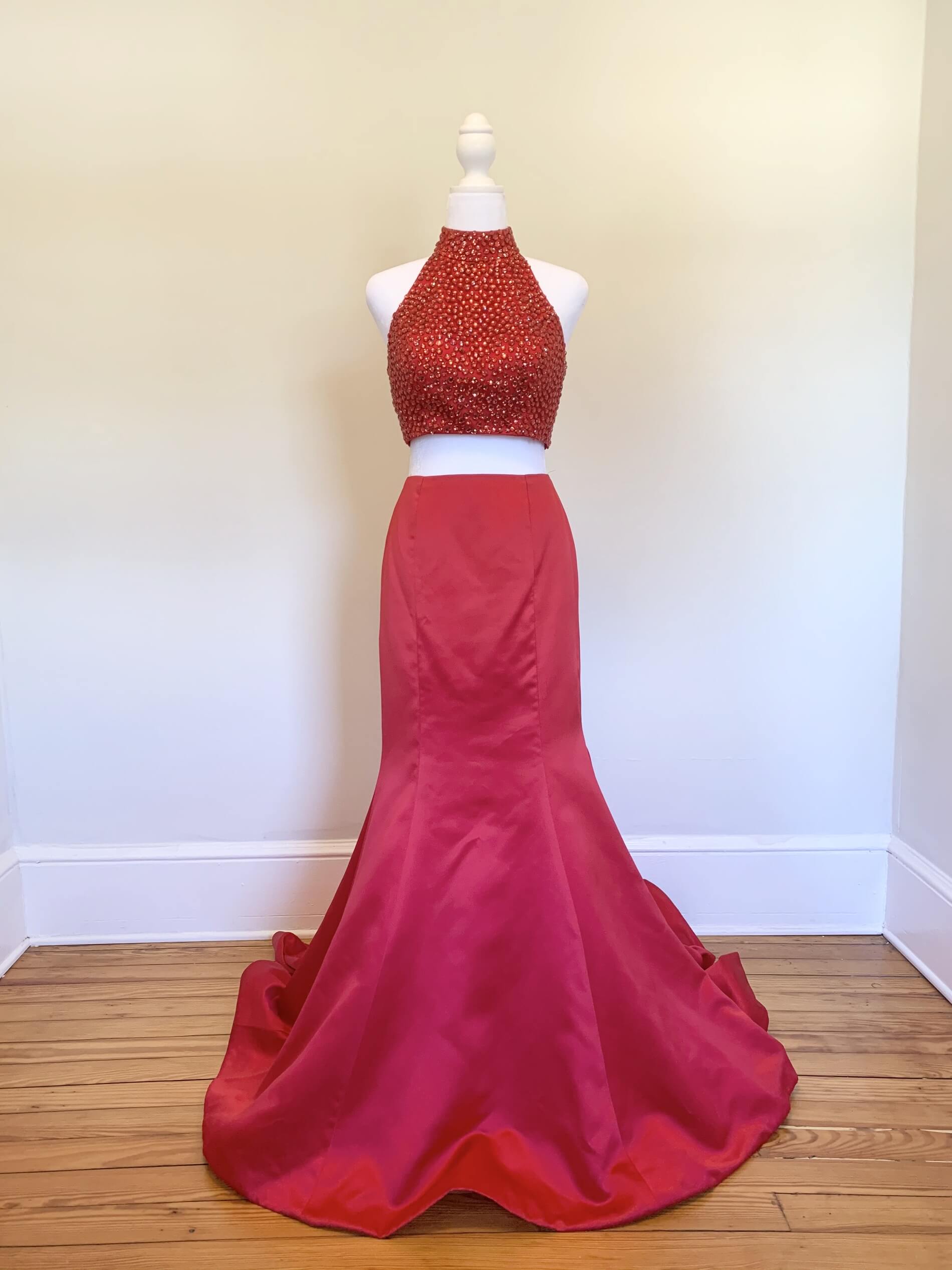 Sherri Hill Size 4 Prom Halter Sequined Red Mermaid Dress on Queenly