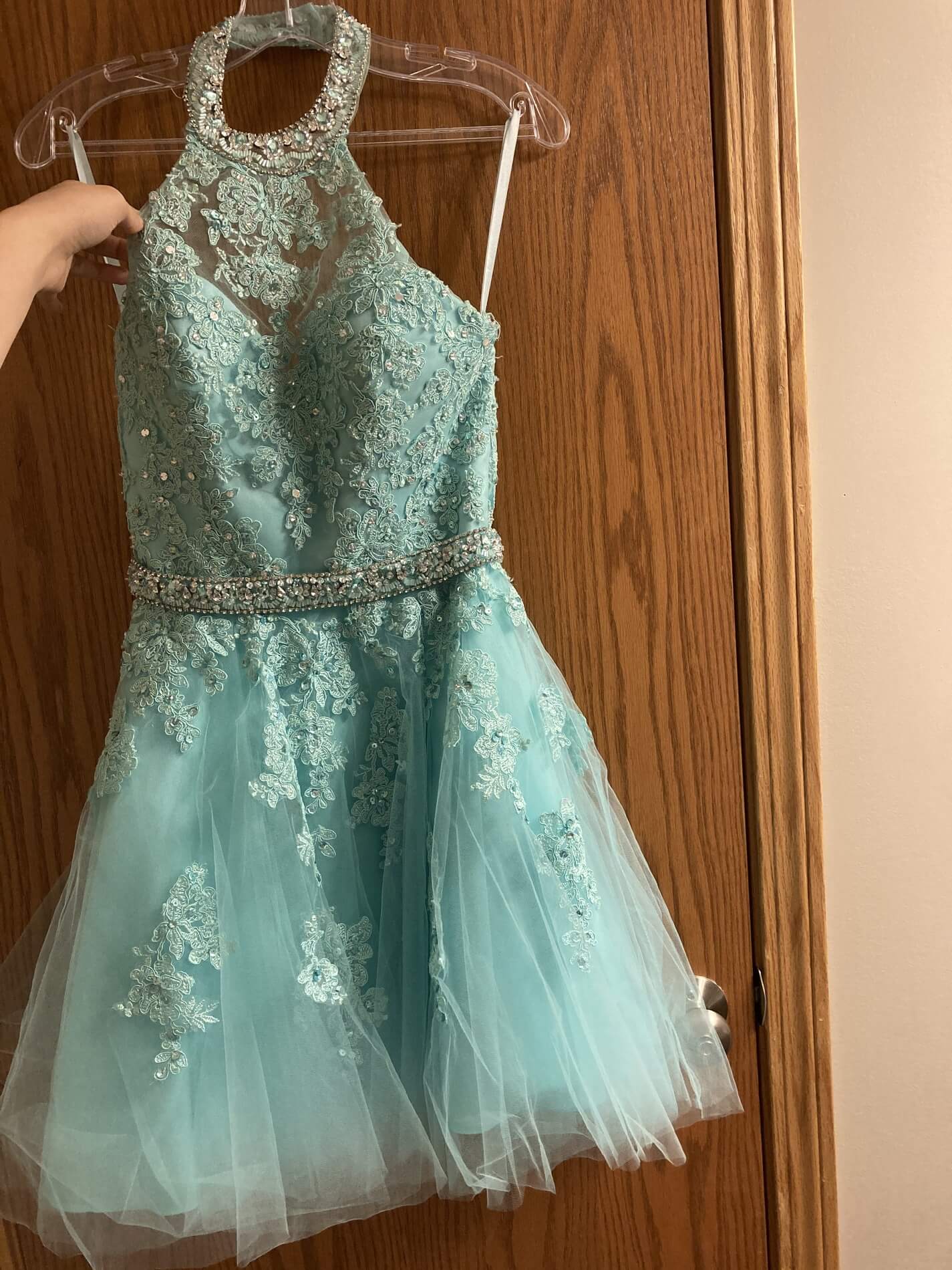 Size 6 Homecoming High Neck Light Blue A-line Dress on Queenly