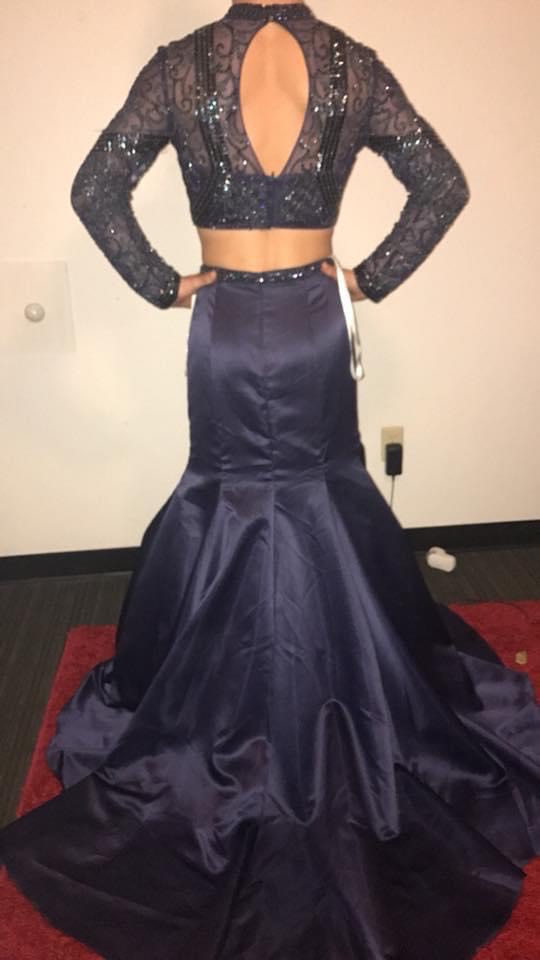 Sherri Hill Size 10 Prom Long Sleeve Sequined Navy Blue Mermaid Dress on Queenly