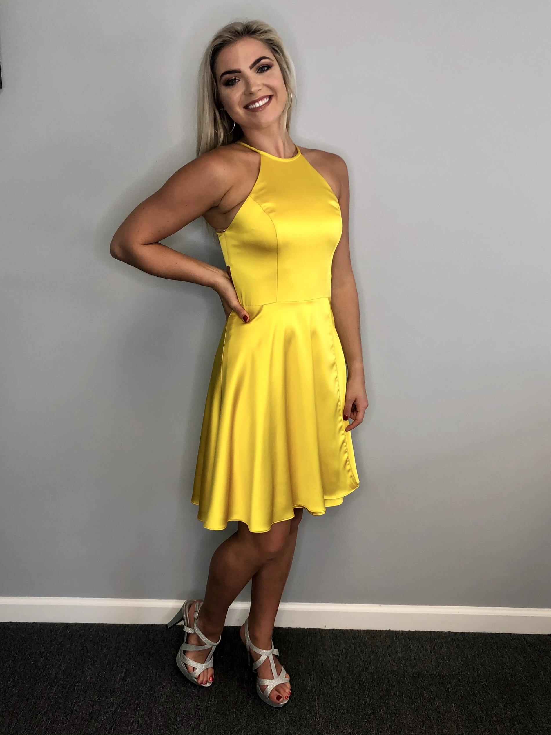 Size 2 Homecoming Halter Satin Yellow Cocktail Dress on Queenly