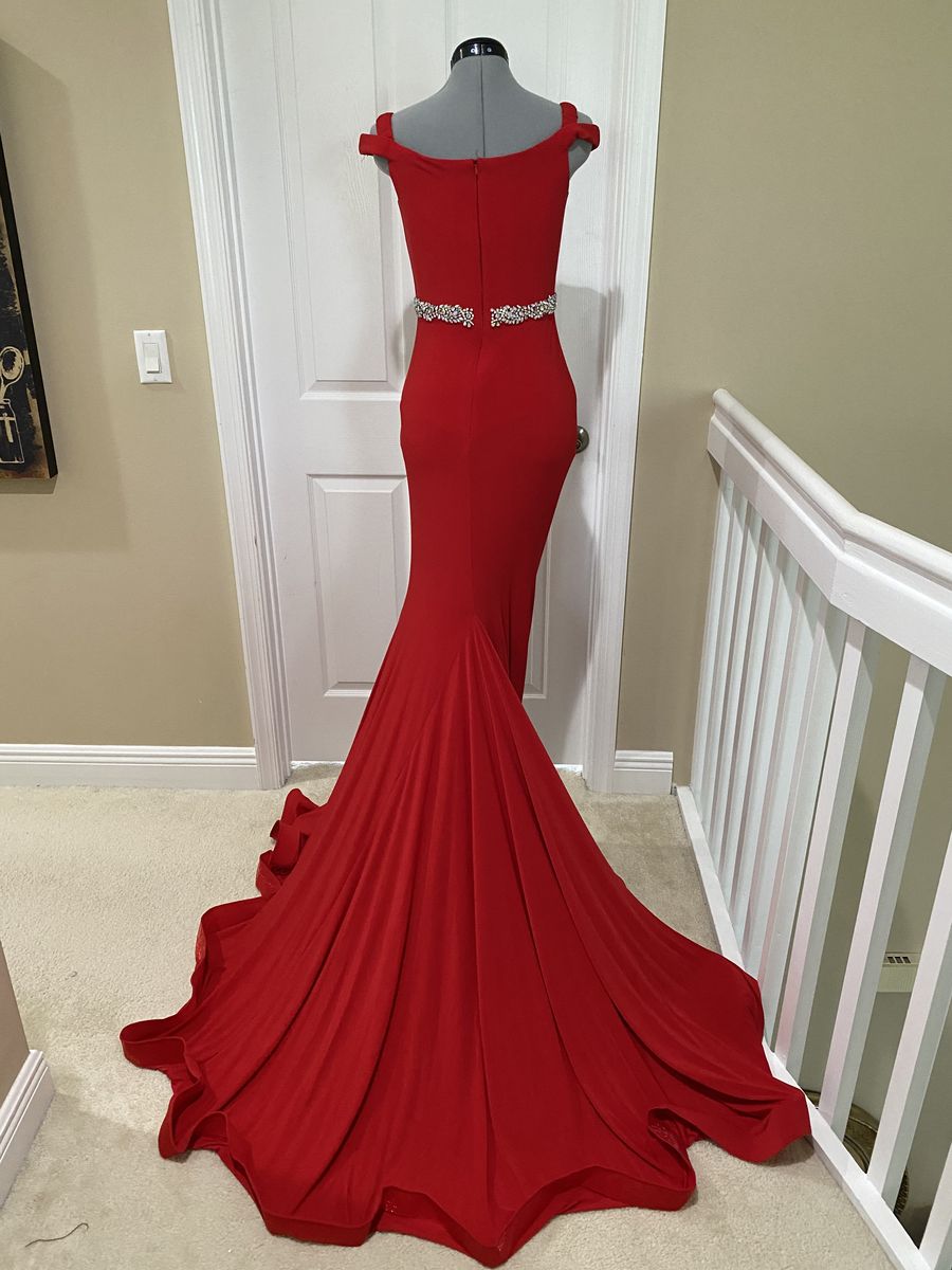 Jovani Size 2 Prom Off The Shoulder Sequined Red Mermaid Dress on Queenly