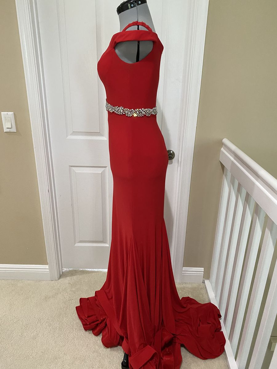 Jovani Size 2 Prom Off The Shoulder Sequined Red Mermaid Dress on Queenly