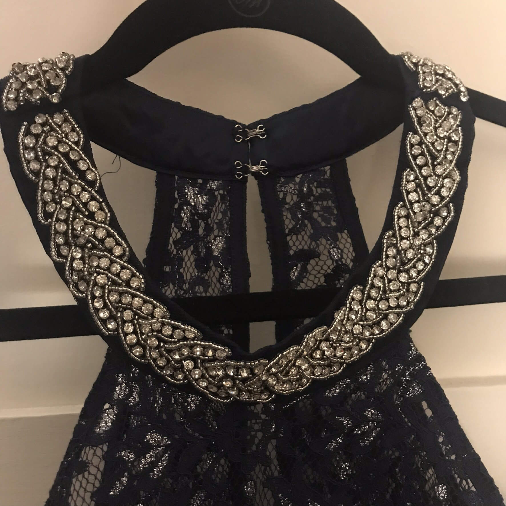 Sequin Hearts Size 6 Halter Lace Navy Blue Floor Length Maxi on Queenly