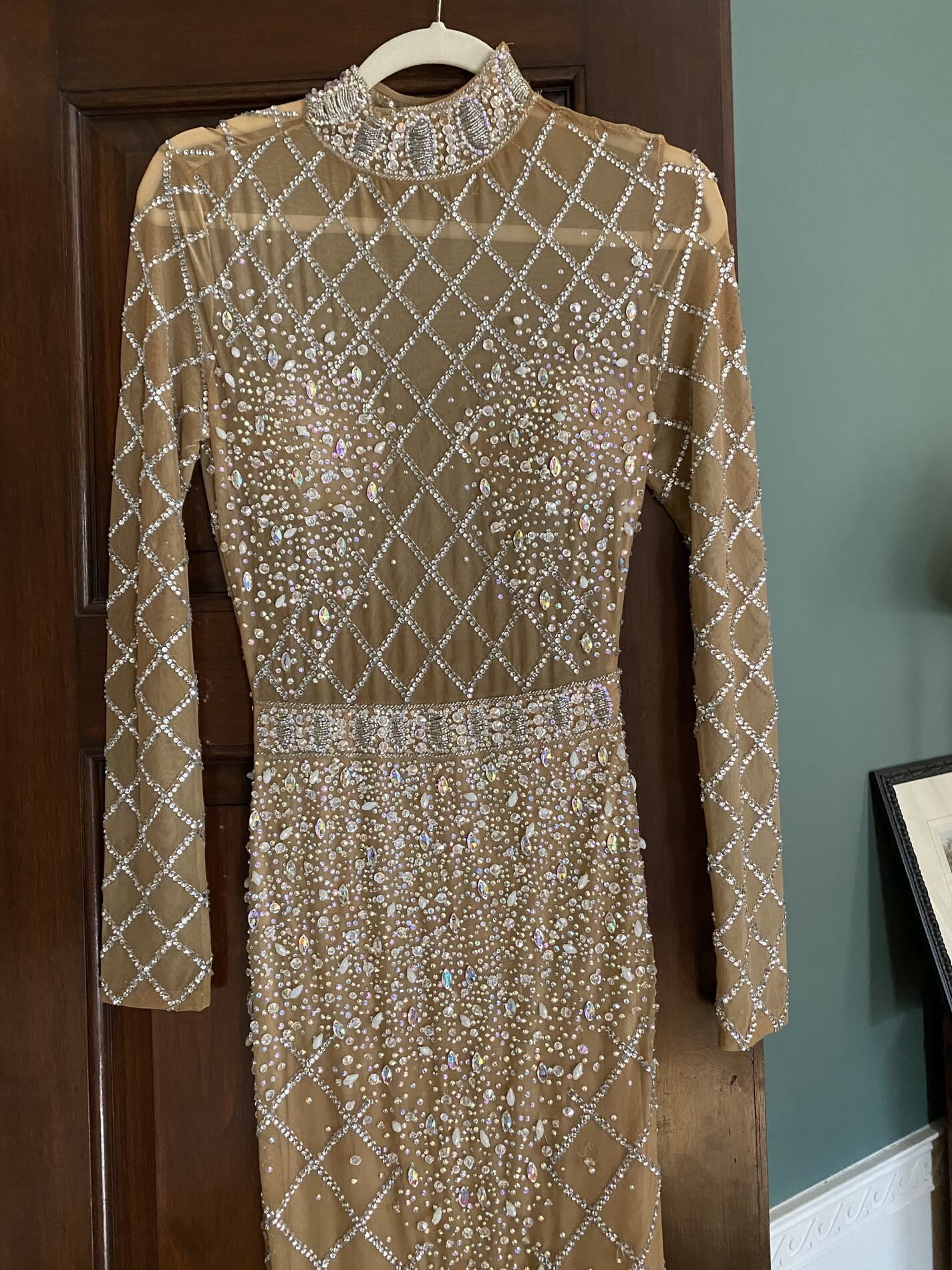 Size 2 Pageant Long Sleeve Sequined Nude Dress With Train on Queenly