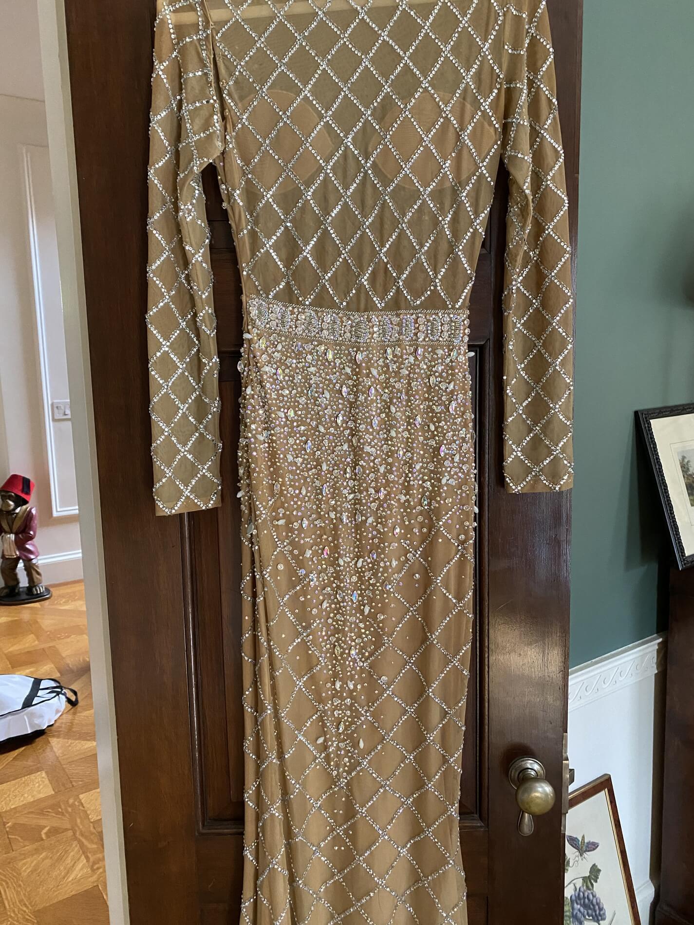 Size 2 Pageant Long Sleeve Sequined Nude Dress With Train on Queenly