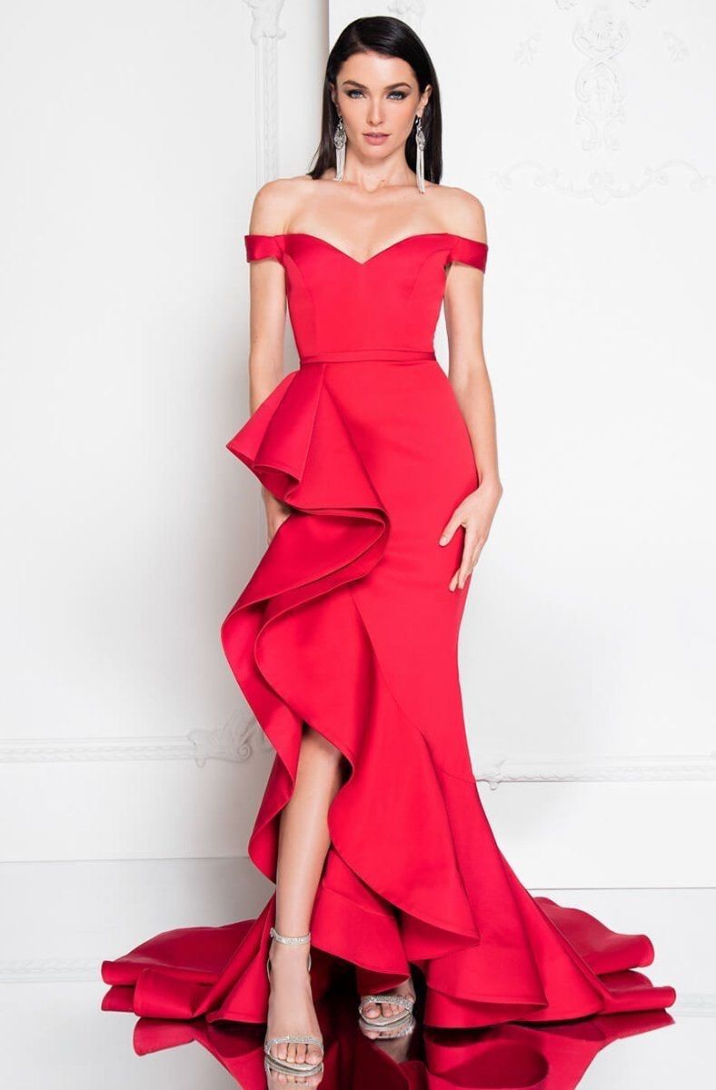 Style 1812E5384 Terani Couture Size 6 Prom Off The Shoulder Red Mermaid Dress on Queenly